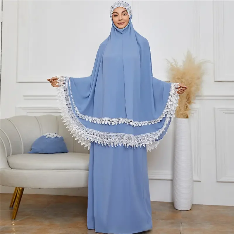 Z-3 мусульманская молитвенная одежда Abaya Long Ramadan 2 шт. Jilbab Malaysia шифоновая Telekung с кружевным подолом