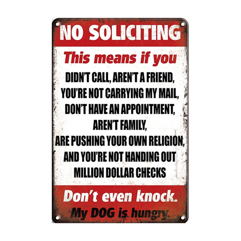 No Soliciting Vintage Metal Sign Decorative Plaque Wall Garage Farm House Man Cave Club Tool Parts Tin Poster Retro Logo Plate