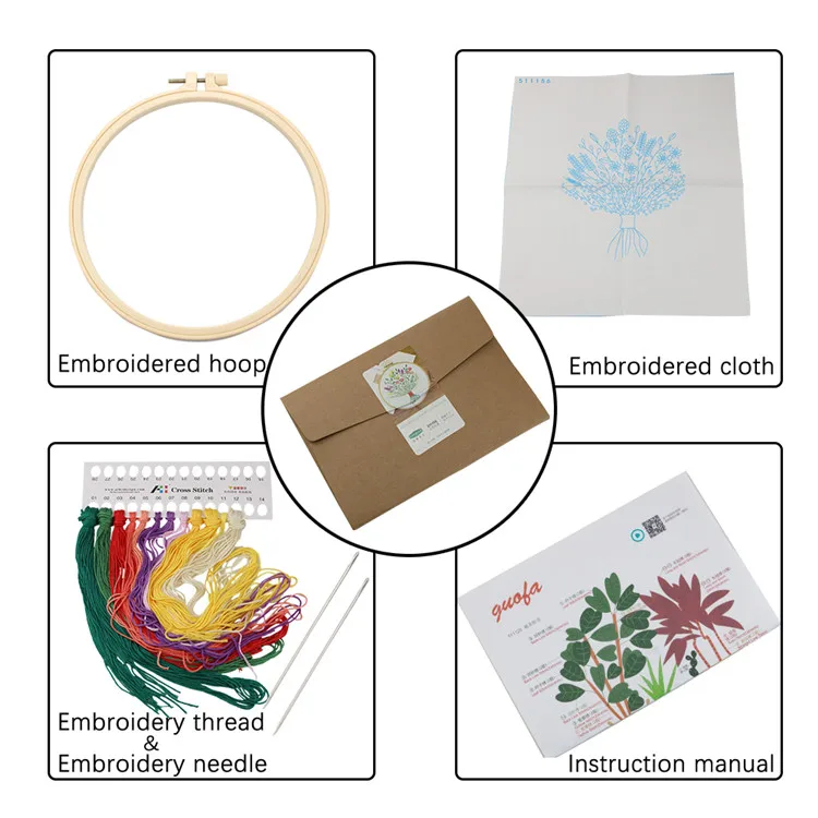 In Stock Custom Hand Flower Bouquets Print Cross Stitch Starter Kit DIY Embroidery Beginner Kit With Plastic Frame