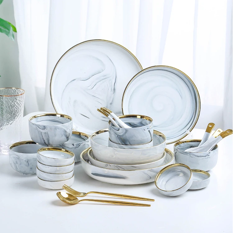 Hot sale Nordic color glaze marble gold rim dishes plate sets Crockery Tableware Porcelain ceramic dinner plate dinnerware