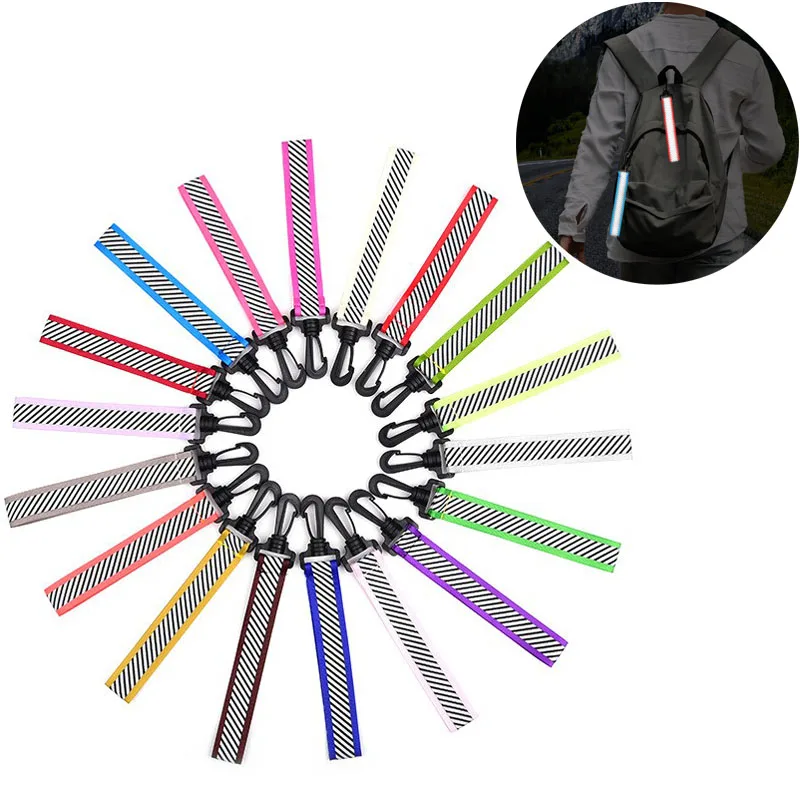 custom logo printing polyester safety buckle high visibility reflective long keychain holder wristlet strap tag pendant
