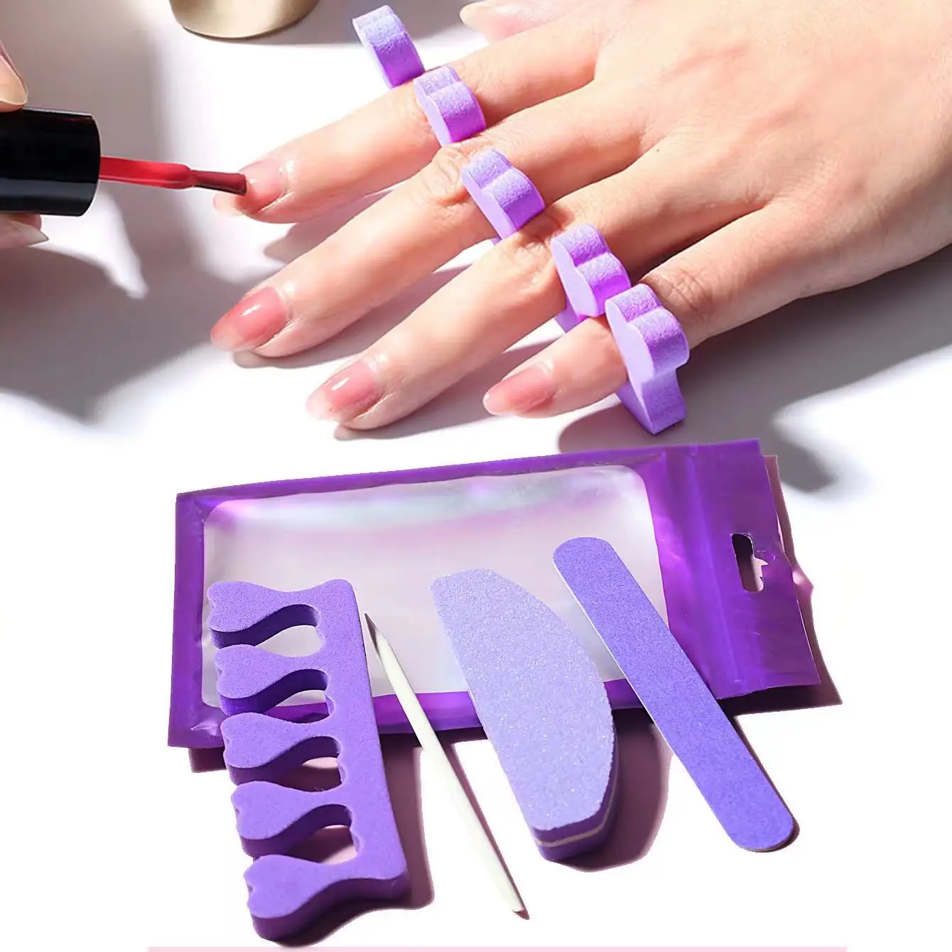 Wholesale Nail Art Purple 4 Pcs Manicure Finger Separator Wood Stick With Nail Files Set Nail Tools Set