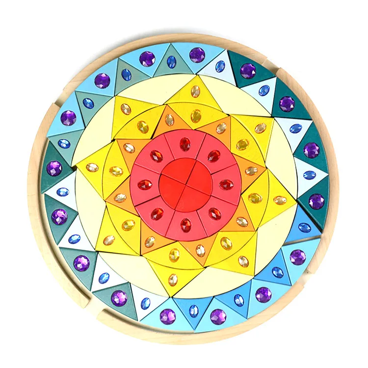 Creative Rainbow Glass Diamond Stackable Wood Toys Mandala Sparkling Crystal Gems Wooden  Stacker Block With Tray