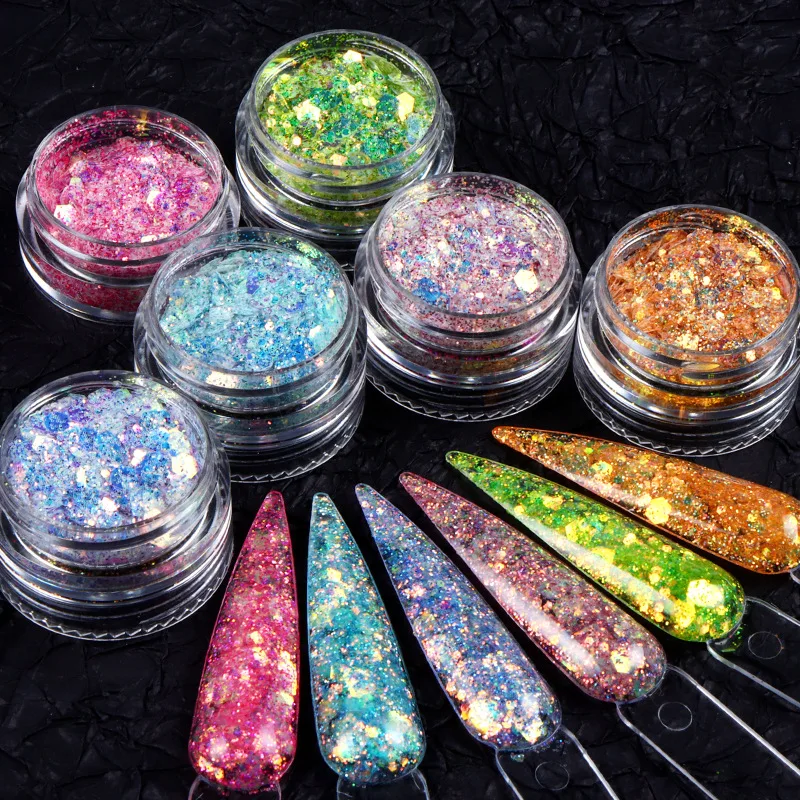 Custom Shiny Manicure Supplies Big Small Cosmetic Nail Art Sequins Filling Glitter Powder Neon Fluorescent Nails Filling Mixed