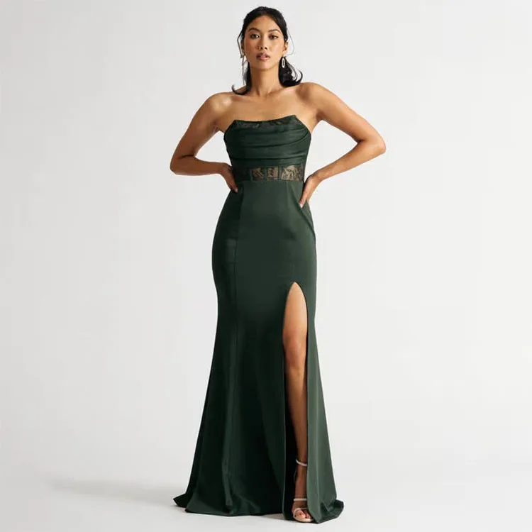 New fashion strapless lace satin slit plus size maxi dresses prom emerald green long gown evening dress