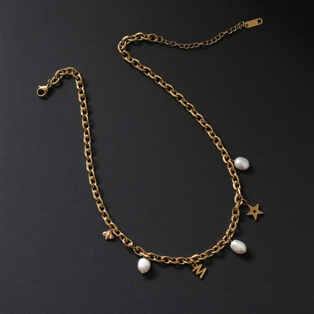 Stainless steel cute animal bee star charms Freshwater pearl chain Choker Short chain Street Europe stainless steel necklace