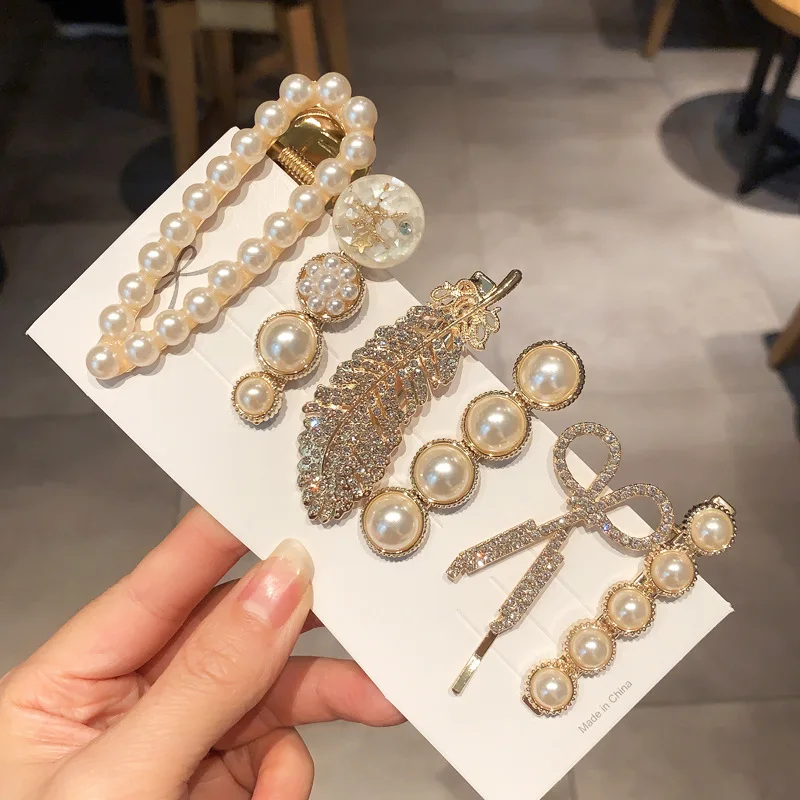 Korean Bow Pearl Hair Clips 5/6 Pieces Hairpin Set For Girls Gifts Luxury Metal Crystal Women Hairpin Wholesale