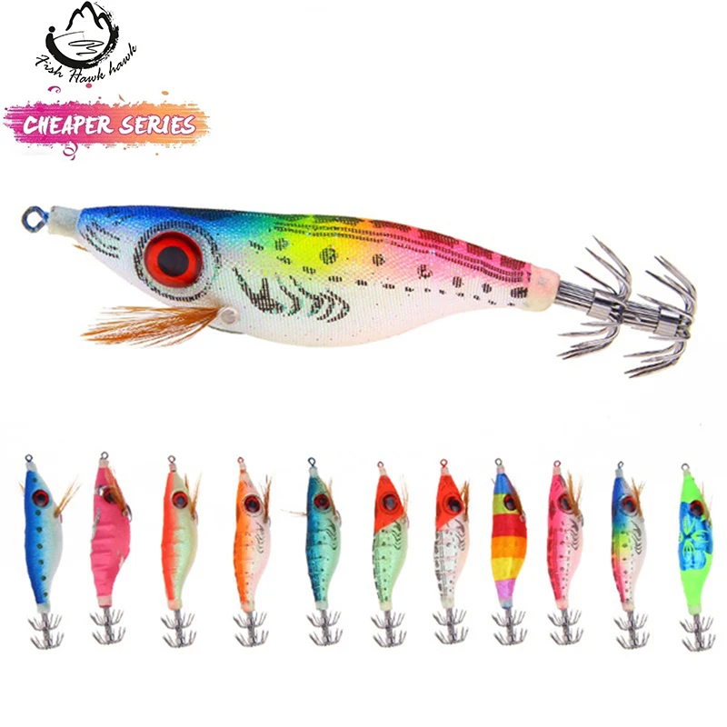Squid Jig Fishing Wood Shrimp Lure Squid Cuttlefish Jig Lures Fluorescence Wood Luminous Shrimp with 2.5# Hook