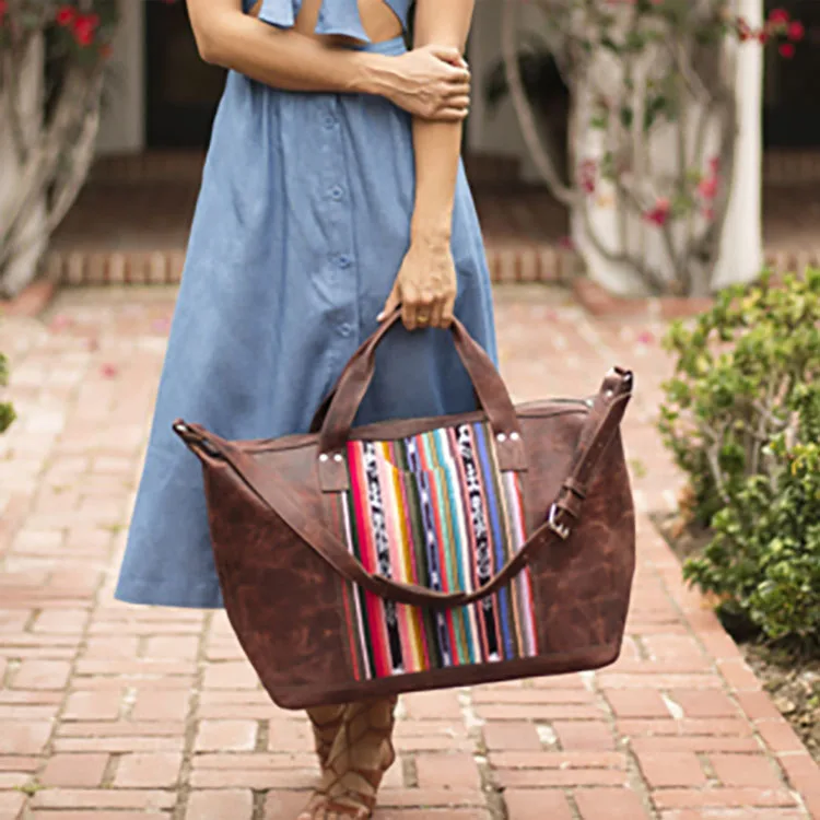 American Style Womens Bag Western Boho Serape Leather Handbag Brown Leather Serape Tote Bag