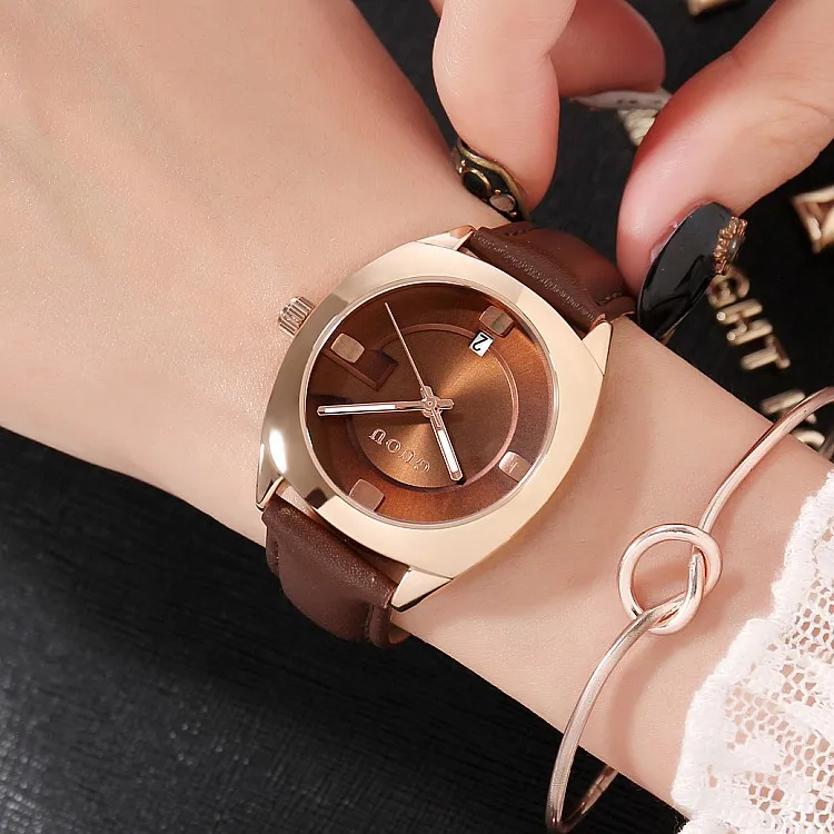 GUOU 8097 elegant guangzhou ladies quartz watch hot sale Genuine Leather band water resistant date display Casual wristwatch