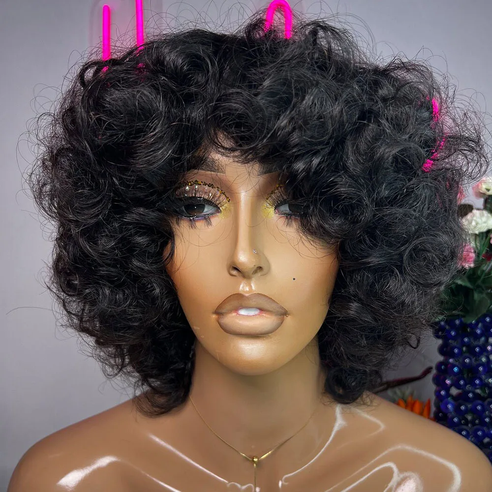 Double Drawn Wigs With Fringe Bouncy Curls Wig With Bang Fumi Curly Human Hair Short Machine Made Bouncy Curl Wigs For Women