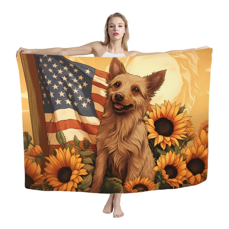 Custom Sarongs With American Flag Designs Print on Demand Cute Cartoon Dog Hawaiian Sarongs Wholesale Sublimation Beach Towel