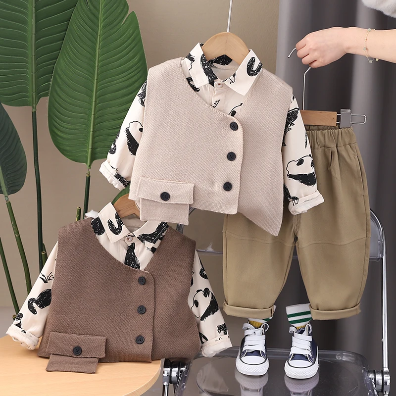 Boutique Children Casual Clothes 1-5 Years Baby Boys 3 Piece Set Vest+T-Shirt+Pants High Quality Cotton Clothing Set