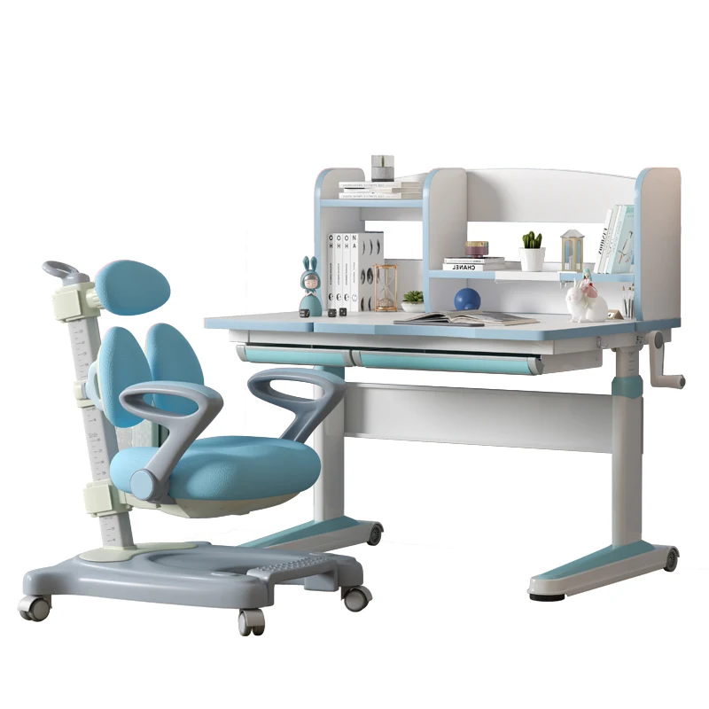 
Wood Adjustable Height Kids Study Desk with Chair Drafting Table Computer Station Built-in Bookshelf Hutch Multi Function 