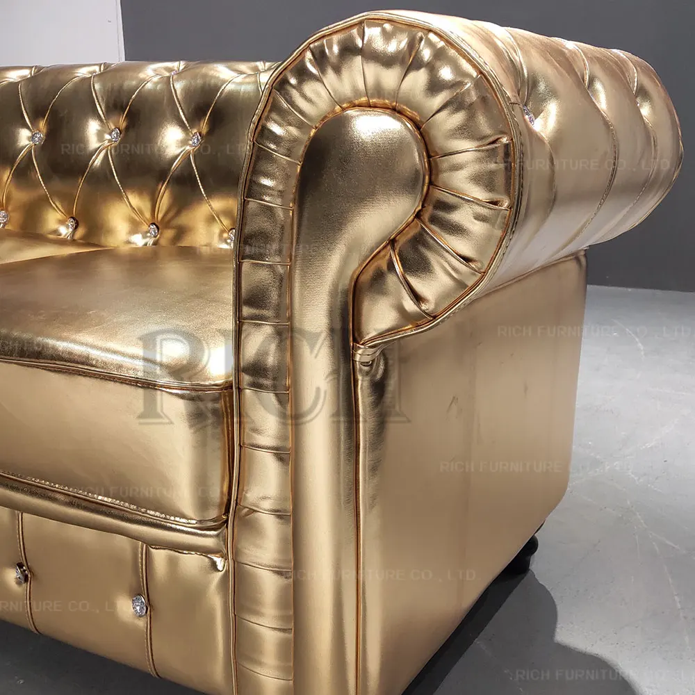Modern furniture full Gold leather chesterfield sofa for living room shiny golden PU leather chesterfield-sofa
