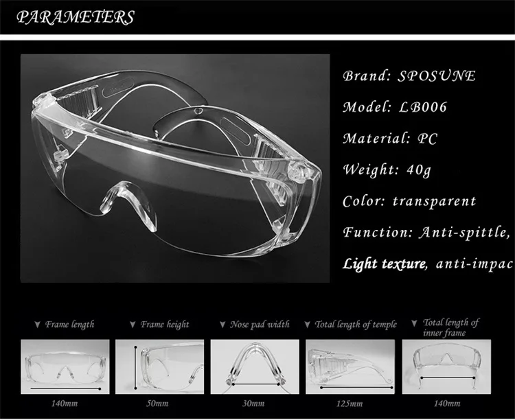 Chemical anti splash reusable protection glasses plastic medical goggles safety