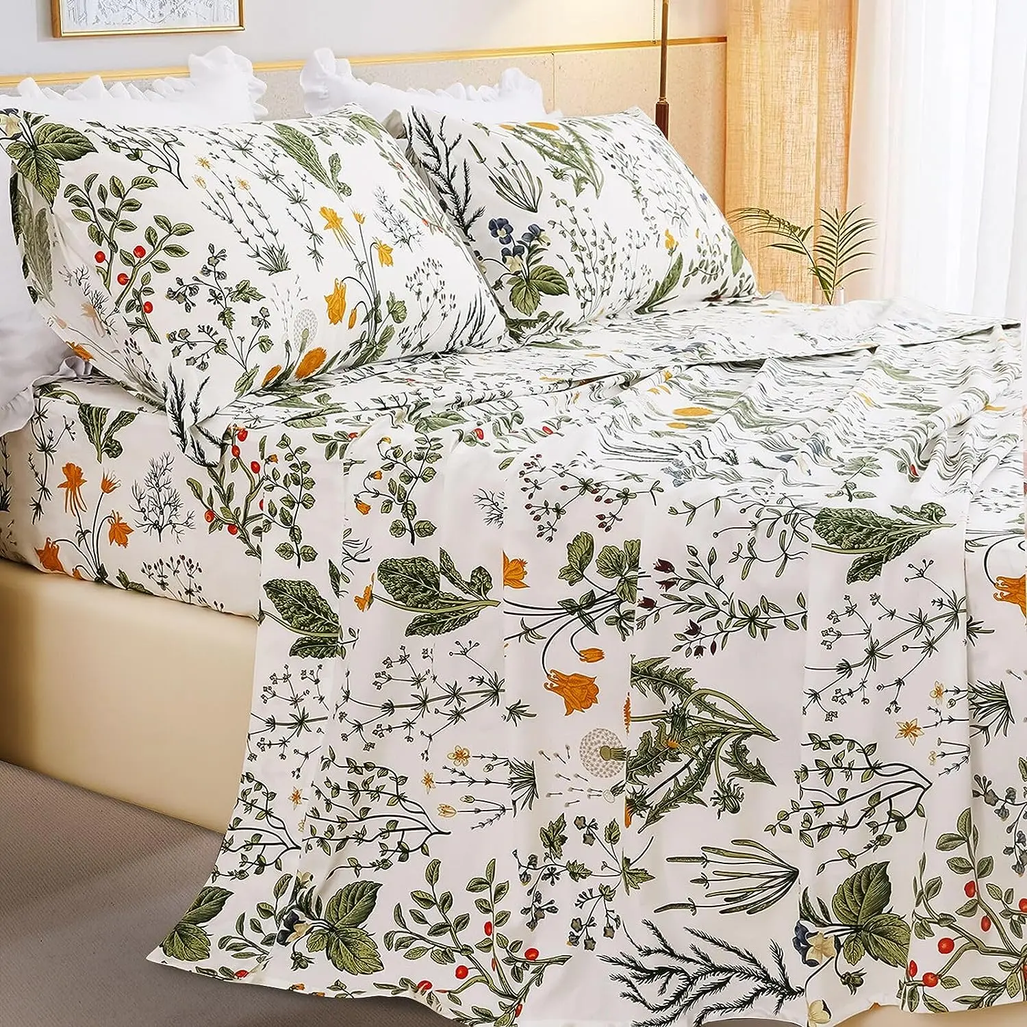100% Cotton yellow Flowers & Sage Leave Plant Pattern Botanical Luxury Cotton Printed Flower King 4pcs Bedding Sheets