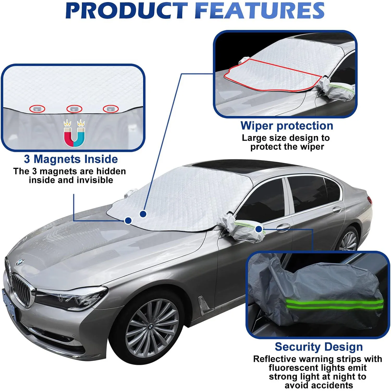 Extra Large Car Windshield Winter Cover Fits Most Cars and SUV with 4 Layers Protection, Snow, Ice, Sun, Frost
