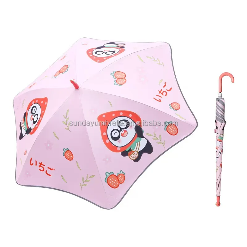 SD Custom Kids Windproof Umbrella Lovely Pattern round Corner Fiberglass with Reflective Piping for Rain Activities for Children