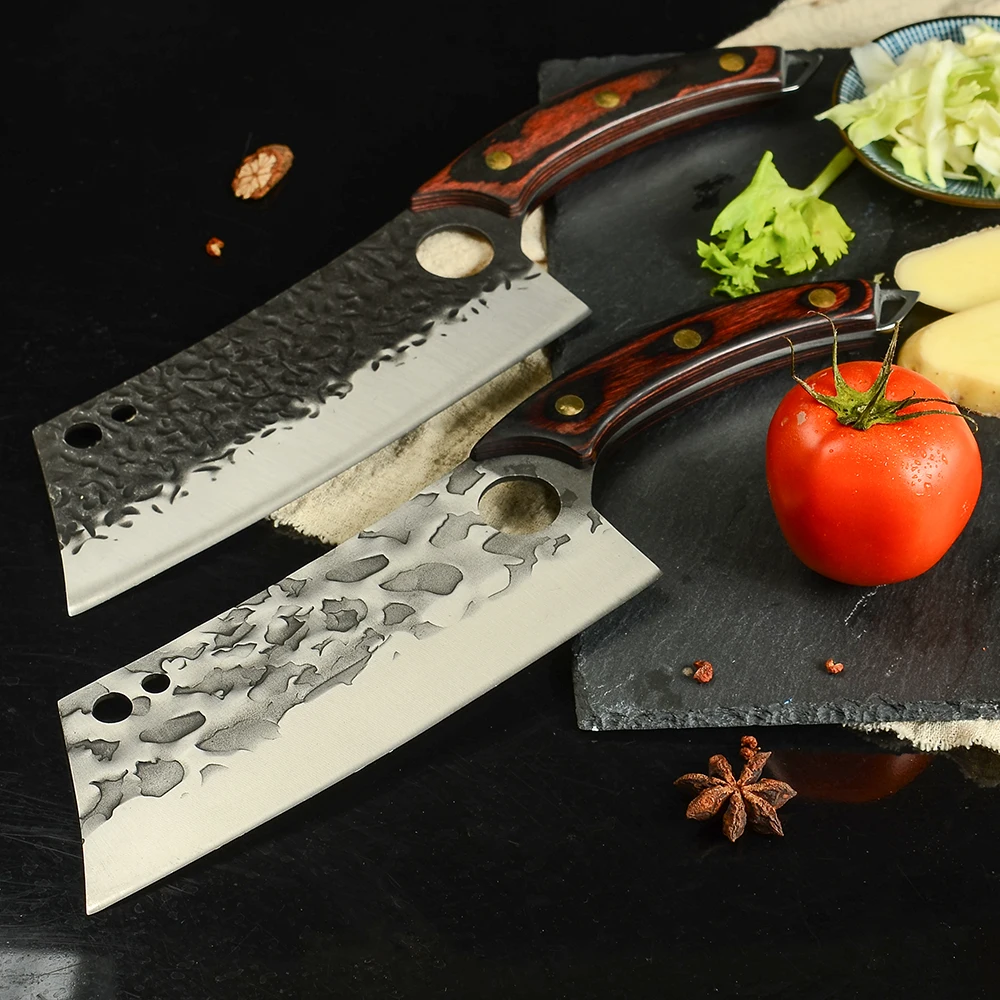 Xingye Custom 7.5 Inch Full Tang Wooden Handle Hammer Finish Non-stick Meat Cleaver Square Metal Chef Fruit Vegetable Knife