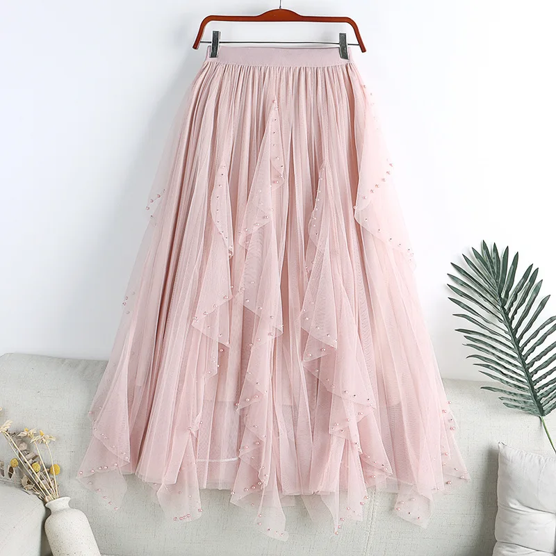 Summer New Pink Ball Gowns Sweet Tulle Skirt Women Elegant Asymmetric Mesh Lace Princess Dresses Beads A Line Skirts For Party