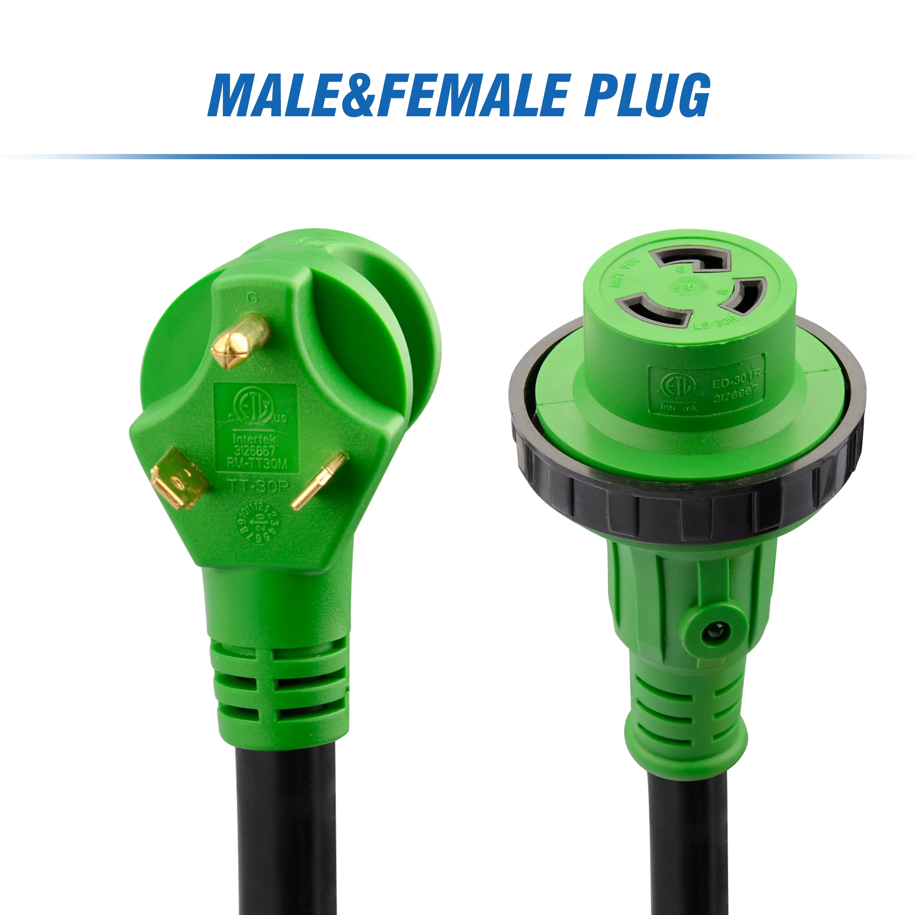 J523 30 Amp 50 Feet RV Power Extension Cord Heavy Duty STW Wire with LED Light NEMA TT-30P to L5-30R Locking Connector Green