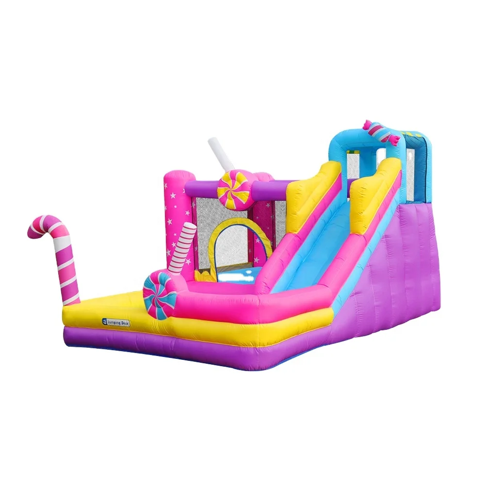 Inflatable bouncy house, climbing wall, jumps, water guns, splash pool for children in indoor & outdoor backyard.