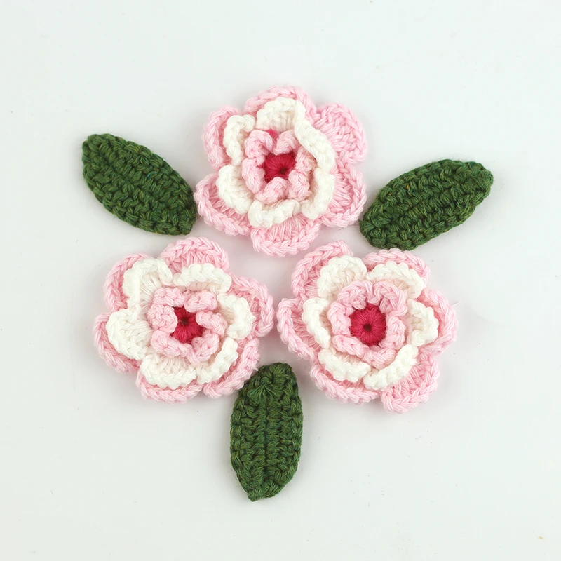 Ручная работа, вязаный крючком цветок с зелеными листьями, 3D хлопковый цветочный мотив, сделай сам, одежда, повязка для волос, сумка, аксессуары