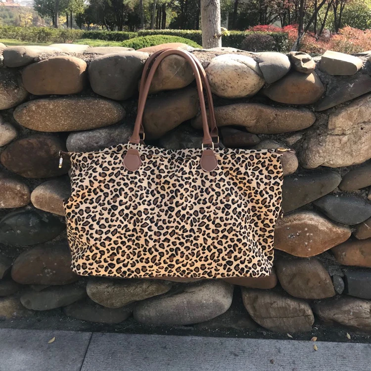 Personalized Leopard Tote Monogrammed Leather Handle Large Weekender Bag
