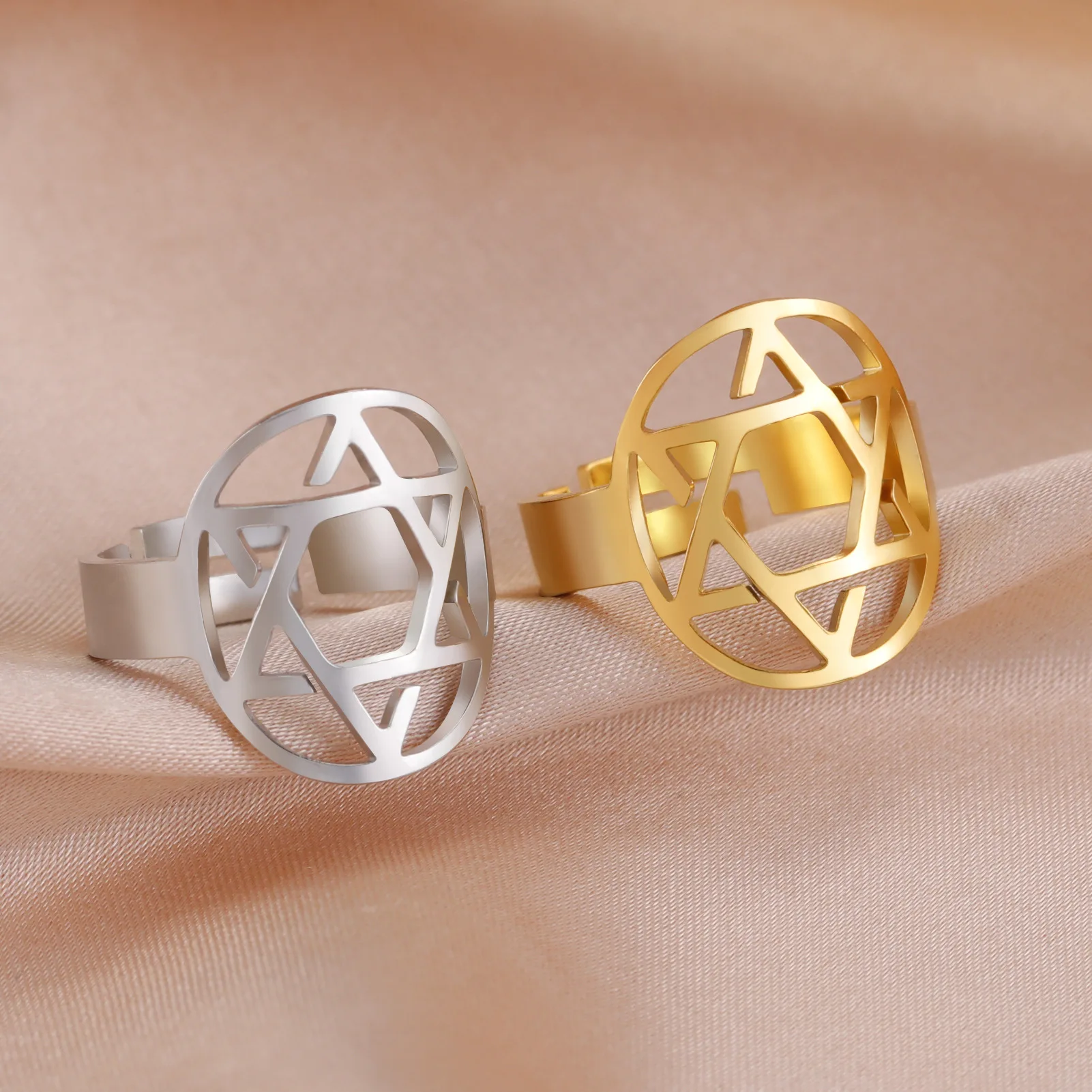 Religious Vintage Amulet Lucky Jewelry Stainless Steel 18k Gold Plated Hollow Hexagram Jewish Star Of David Opening Ring