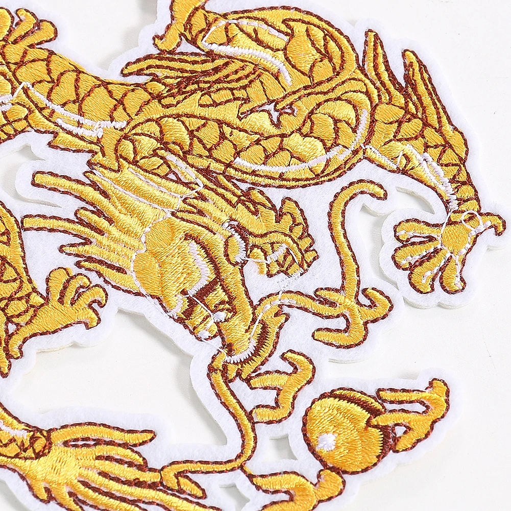 High quality Chinese style dragon frolicking with a pearl golden dragon embroidery large patches badges iron on for clothing