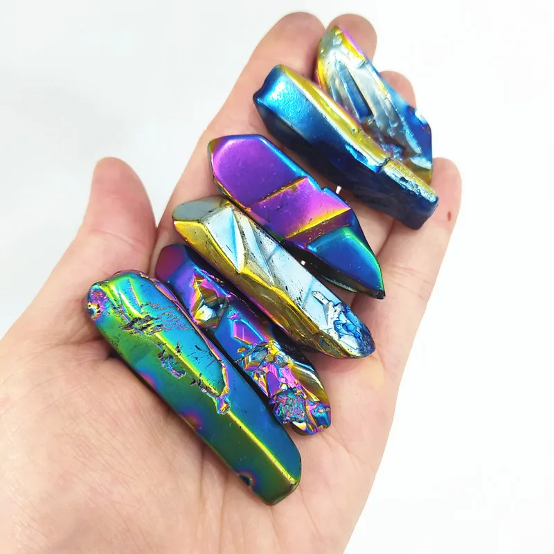 
Titanium rainbow aura lemurian quartz crystal point for healing 