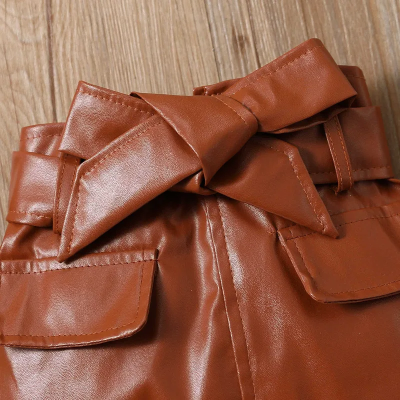 Summer Children Short Sleeve Ribbed Cotton White Tshirts Brown Leather Skirts Kids Suit for Girls