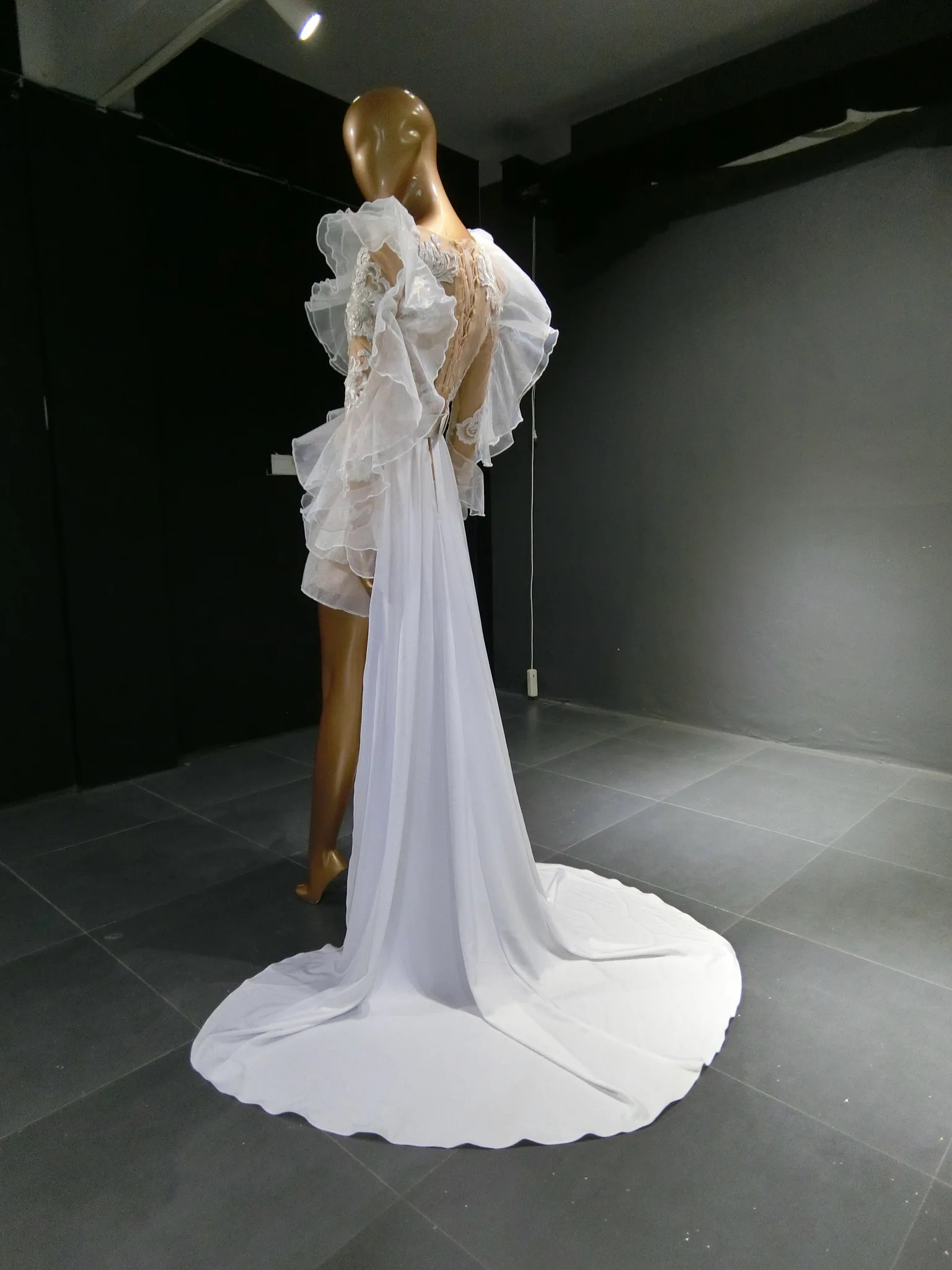 QUEENS GOWN mini costume dress v neckline long sleeve organza fashion show  dress with train