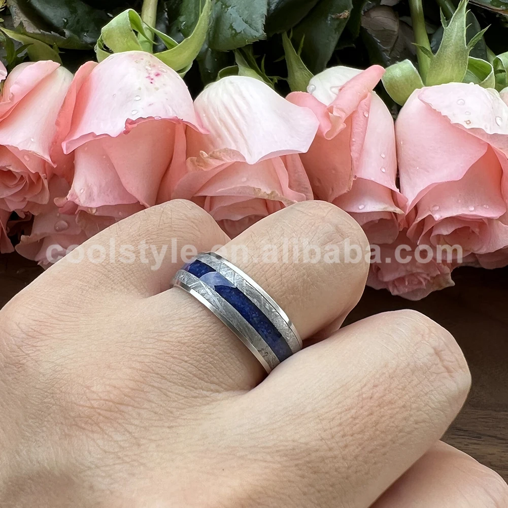 8mm Men Women Wedding Band Titanium Rings Real Meteorite & Lapis Inlay Domed Comfort Fit Tungsten Stainless Steel Available