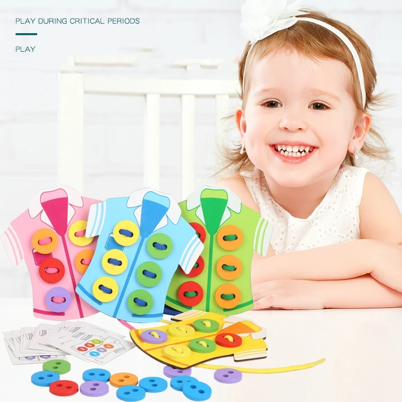 Early Development Fine Motor Skill Threading Sewing Button Game Wooden Clothes Lacing Game