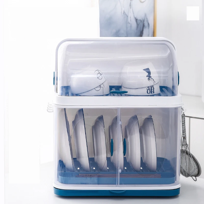 Бытовой двойной стеллаж для хранения тарелок пластиковый с крышкой