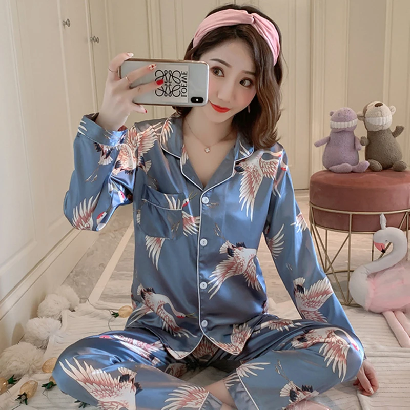 
Pajamas women spring and autumn long-sleeved ice silk two-piece suit thin home service 
