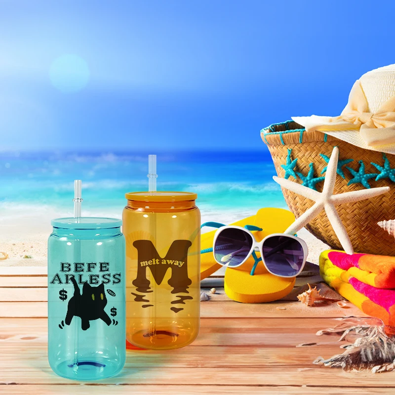 AGH New Arrival 16oz Clear Glass Can Wth Color Sublimation Blanks Glass Beer Can with Colorful Lid For Gift