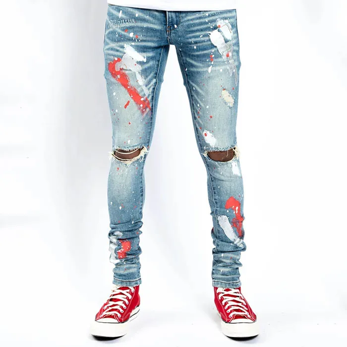 custom red white printed distressed biker washed denim pants skinny men blue jeans stacked ripped jeans