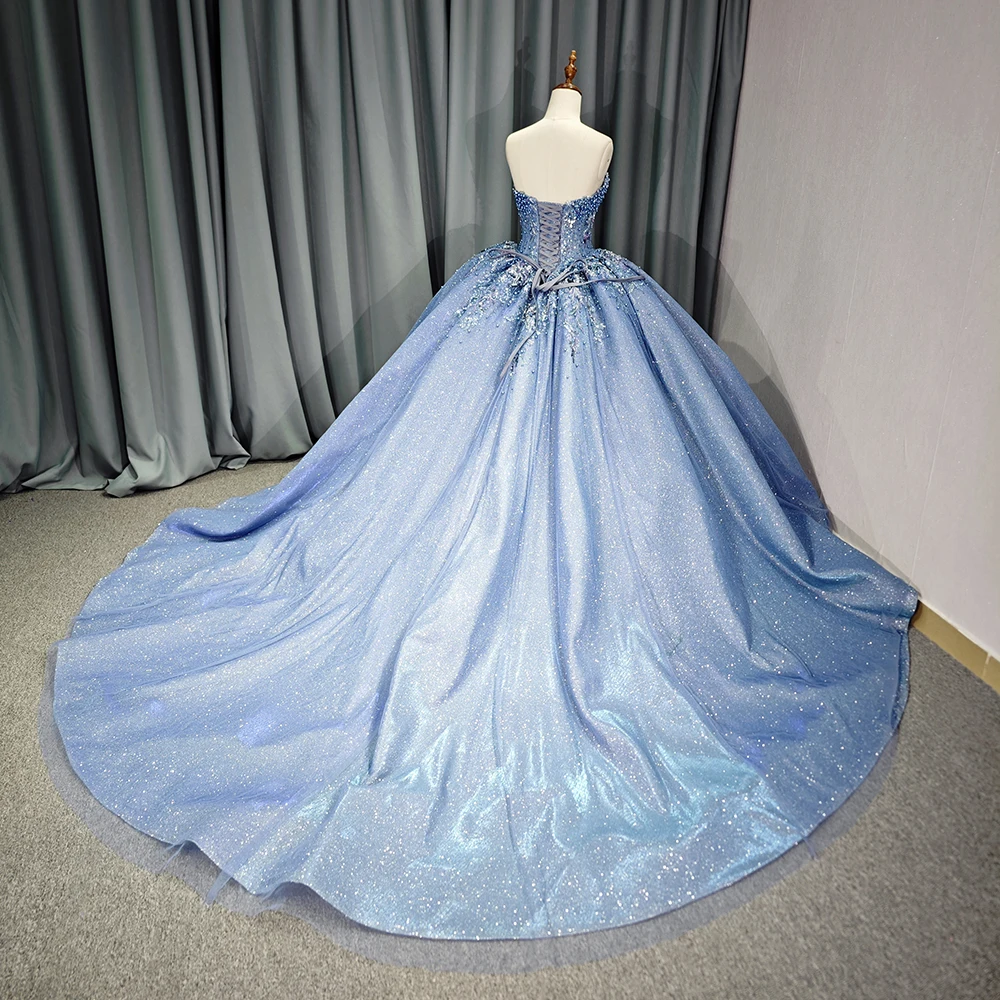 Бренд сделанный на заказ синие платья Quinceanera милое кружевное пышное платье принцессы с бисером вечернее 6750