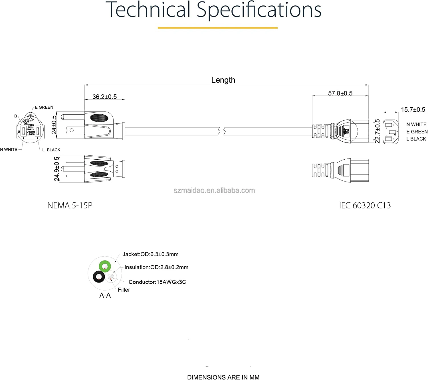 10ft (3m) Computer Power Cord, NEMA 5-15P to C13, 10A 125V, 18AWG,Replacement AC Power Cord for ,PC  Printer