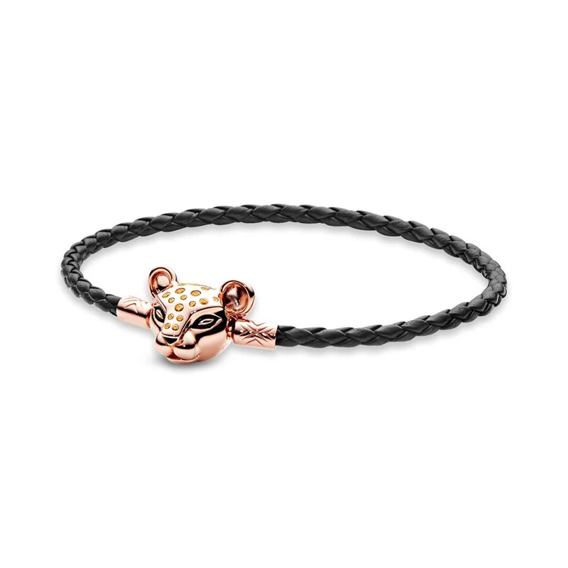 925 Sterling Silver Blue Black Brown Braided Double Leather Round Leopard Head Clasp Bracelet Original Pan Charms DIY Jewelry