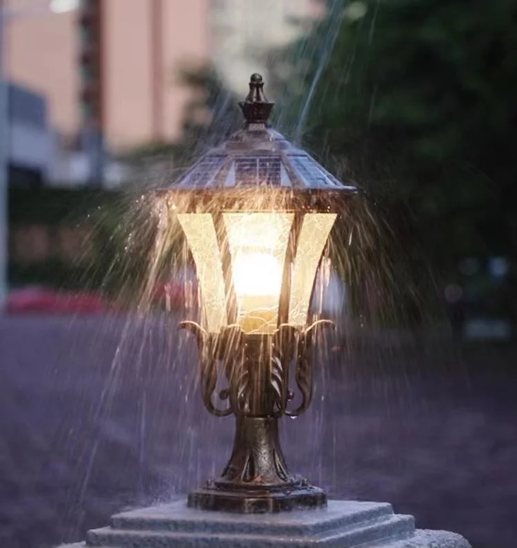 European style antique copper outdoor solar column headlight dual-purpose outdoor waterproof villa entrance guard light