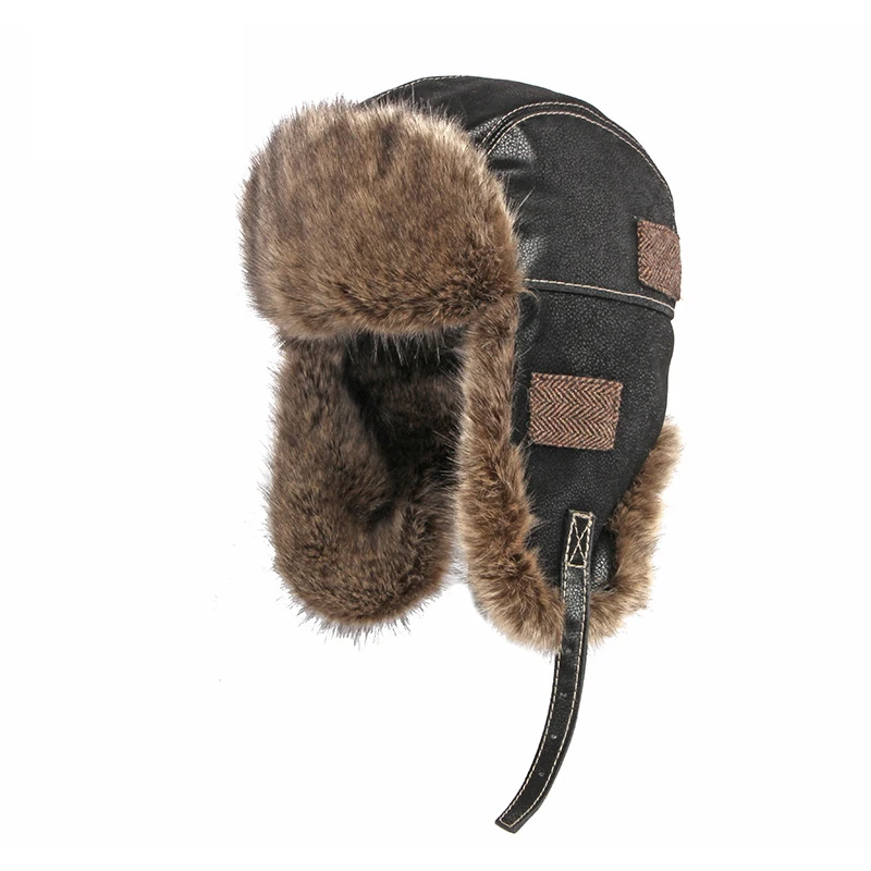 New Fashion Mens PU Leather Winter Thick Warm Pilot Russian Style Aviator Trooper Hats with Ear Flap