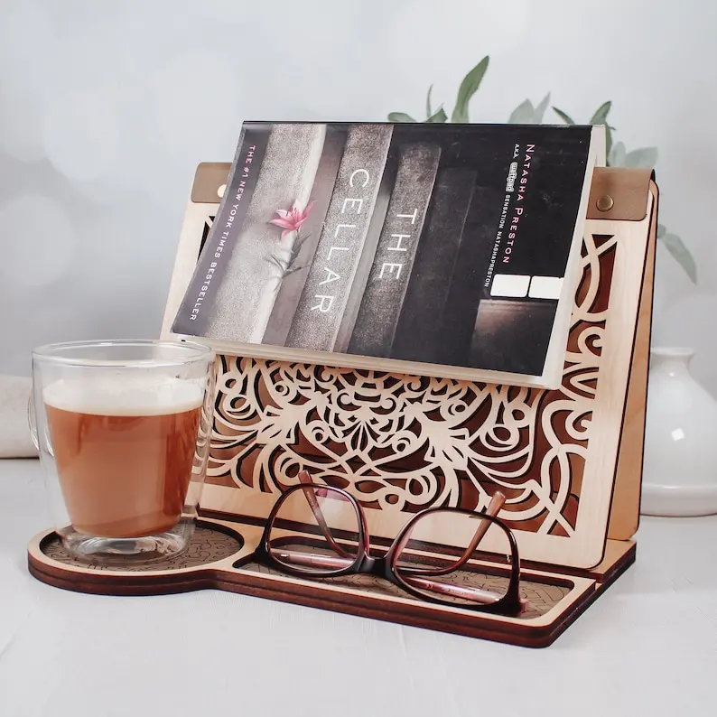 Walnut Wood Book Valet Tray Nightstand with Unique Lasercut Art Deco Design Home Decor Gift for Book Lovers Moms on Birthday