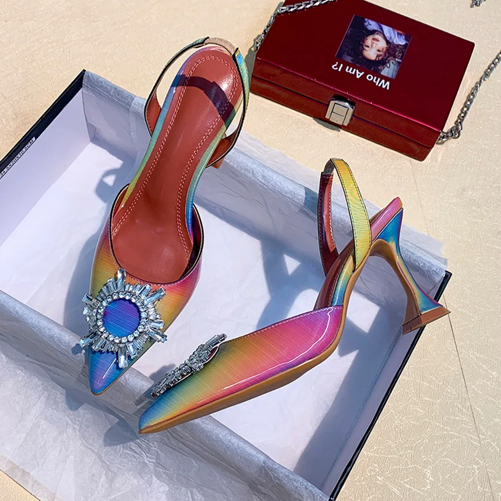 2022 Designer Shoes Women Pumps Luxury Crystal Slingback High Heels Summer Bride Shoes Triangle Heeled Party Wedding Shoes