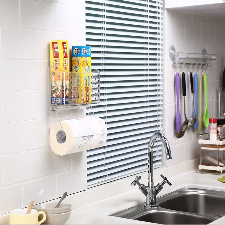 Luxury Clear Acrylic Free Punching Wall Mount Kitchen Rack Tissue Paper Towel Plastic Storage Bag Roll Holder with Suction Cup
