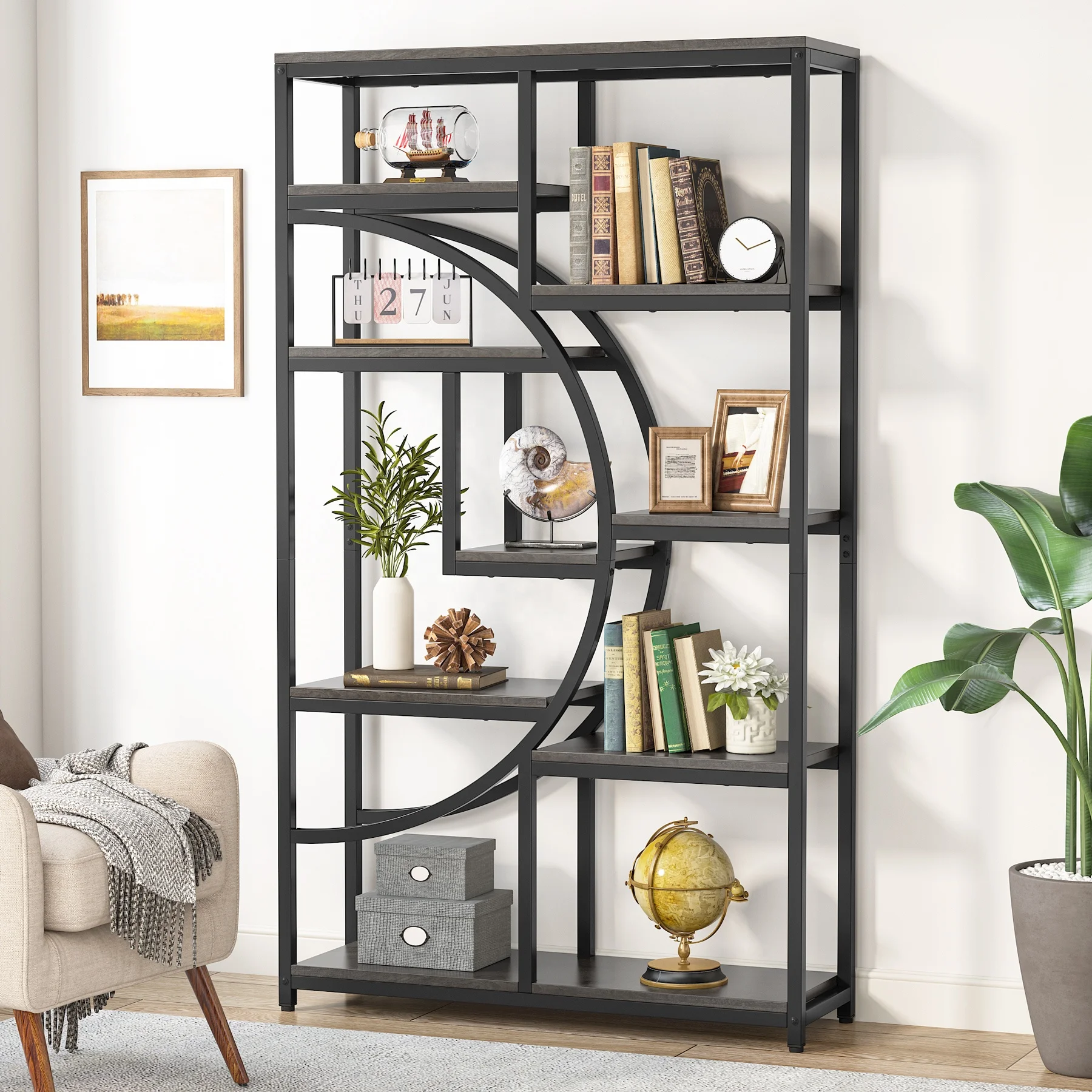 Large Etagere Triple Wide Bookshelf Open Display Shelves Geometric Tall Bookcase with Sturdy Metal Frame for decor Bedroom Home