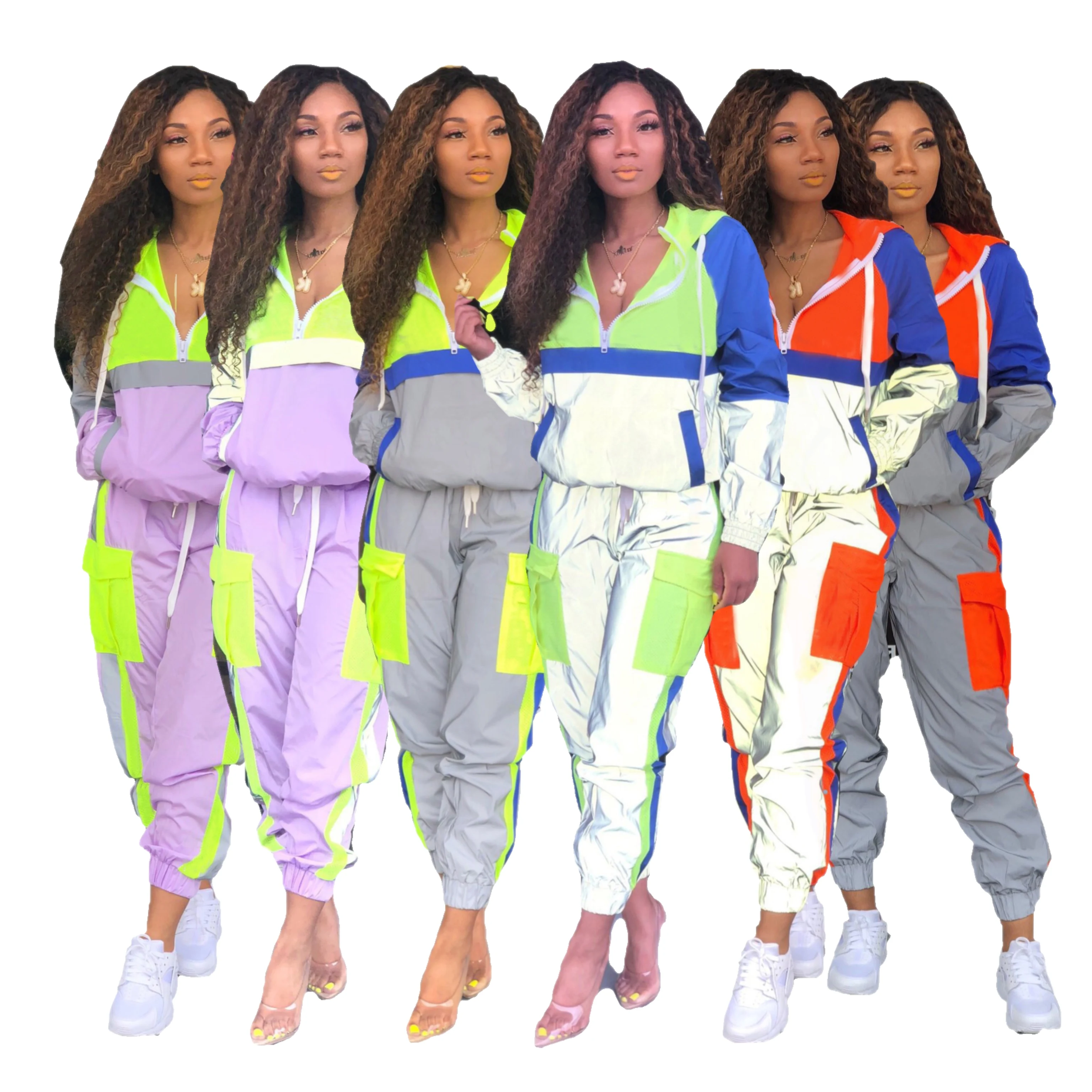 Trend Two Piece Set Hip Hop Jackets Lighting Luminous Suit Windbreak tracksuit reflective sweatsuit For Women